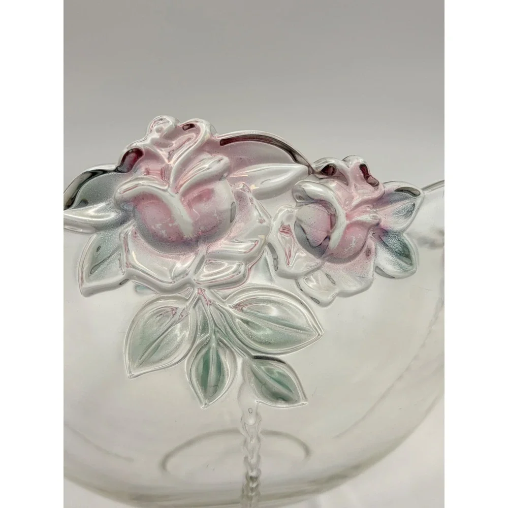 Vintage Mikasa Dusty Rose Clear Glass Serving Bowl Pink Roses 10